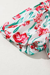 Pink Floral Print Contrast Trim V Neck Bubble Short Sleeve Babydoll Dress Floral Dresses JT's Designer Fashion