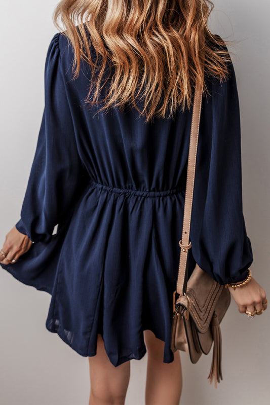 Navy Blue Solid Chest Pockets Tunic Shirt Mini Dress Mini Dresses JT's Designer Fashion