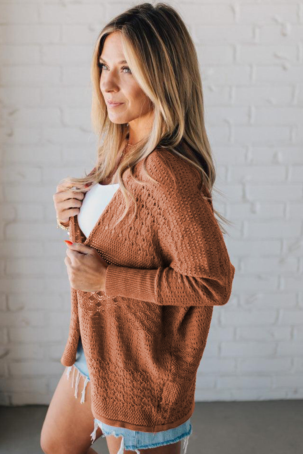 Redwood Burl Mix Pattern Hollowed Knit Open Front Cardigan Cardigans JT's Designer Fashion