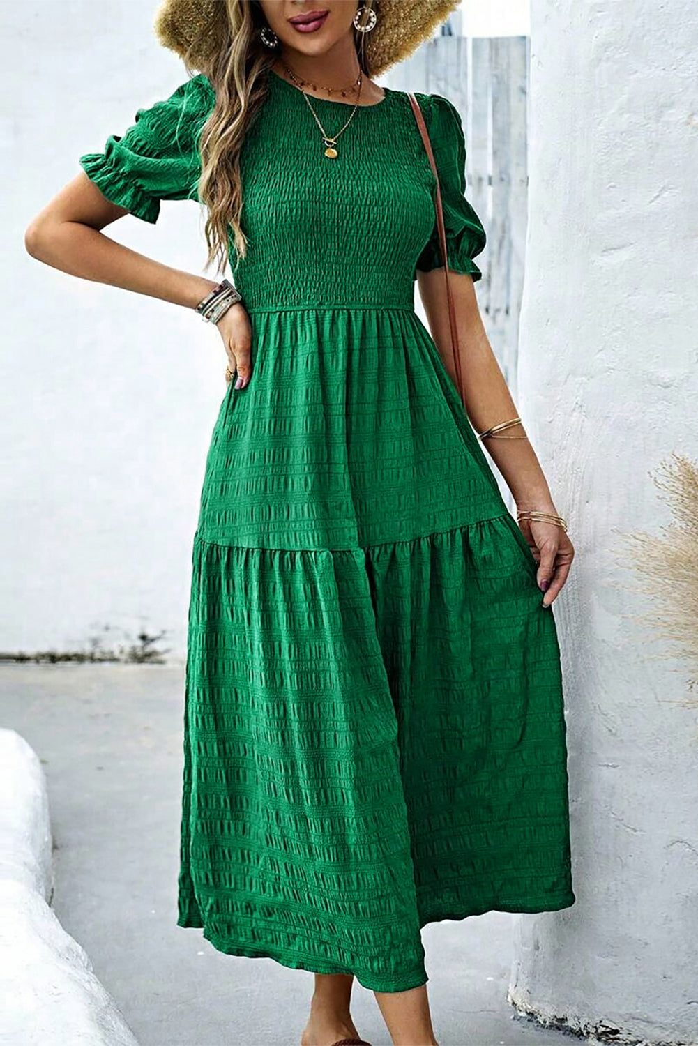 Dark Green Solid Textured Smocked Puff Short Sleeve High Waist Long Dress Dresses JT's Designer Fashion