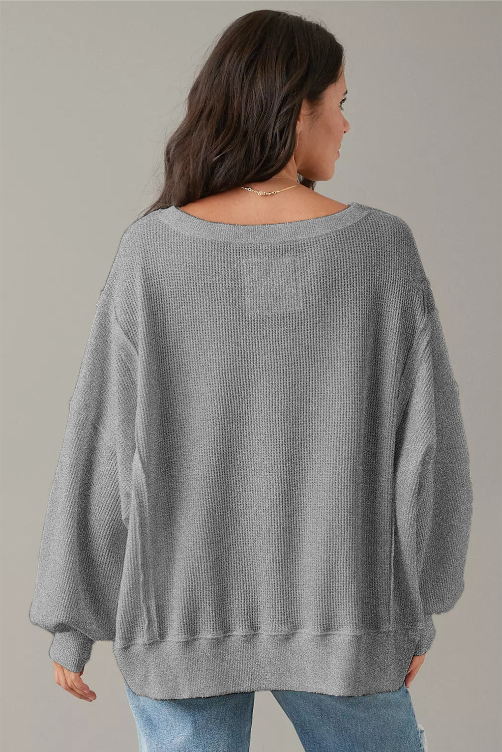Gray Waffle knit Bishop Sleeve Split Oversized Top Long Sleeve Tops JT's Designer Fashion