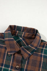 Brown Plaid Print Chest Pockets Buttoned Shirt Jacket Plaid Shackets JT's Designer Fashion