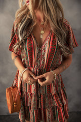 Red Bohemian Floral Print Buttoned V Neck Ruffle Tiered Dress Floral Dresses JT's Designer Fashion