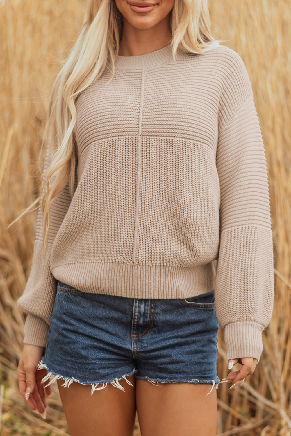 Parchment Mixed Texture Patchwork Knitted Puff Sleeve Sweater Sweaters JT's Designer Fashion