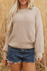 Parchment Mixed Texture Patchwork Knitted Puff Sleeve Sweater Sweaters JT's Designer Fashion