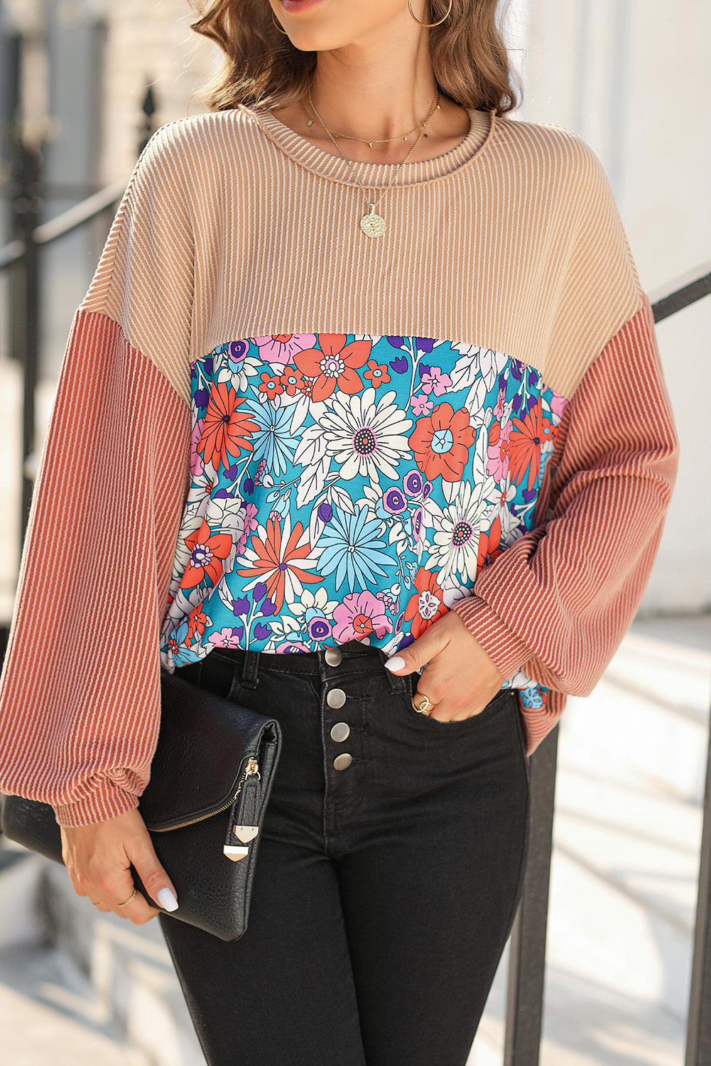 Printed Floral Contrast Colorblock Ribbed Top Long Sleeve Tops JT's Designer Fashion