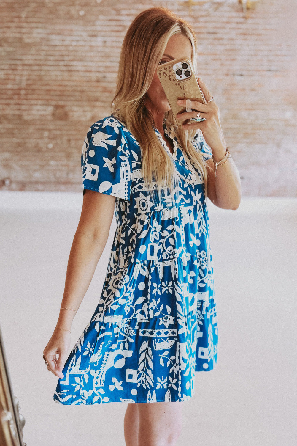 Blue Ricrac Trim Split Neck Floral Loose Dress Floral Dresses JT's Designer Fashion