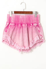 Pink Washed Wide Smocked Waistband Frayed Denim Shorts Denim Shorts JT's Designer Fashion