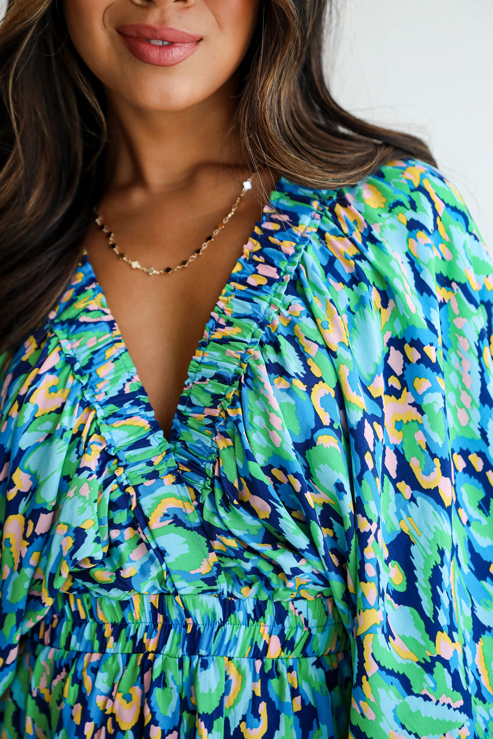 Green Abstract Print Puff Sleeve V Neck High Waist Romper Jumpsuits & Rompers JT's Designer Fashion