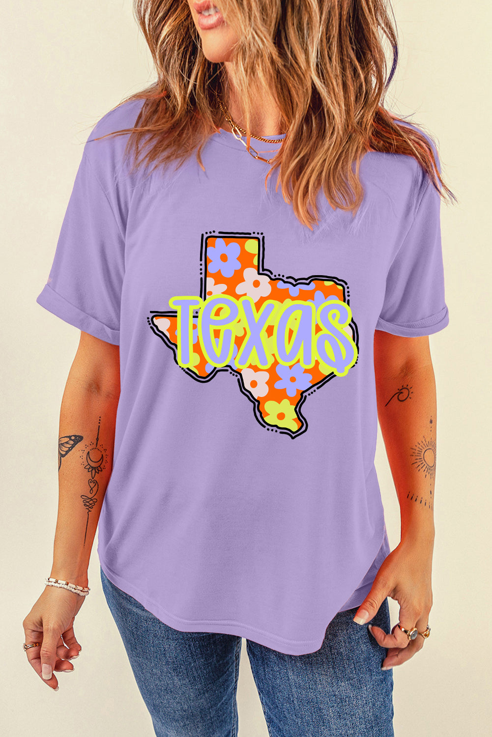 Wisteria TEXAS Flower Print Crew Neck T Shirt Graphic Tees JT's Designer Fashion
