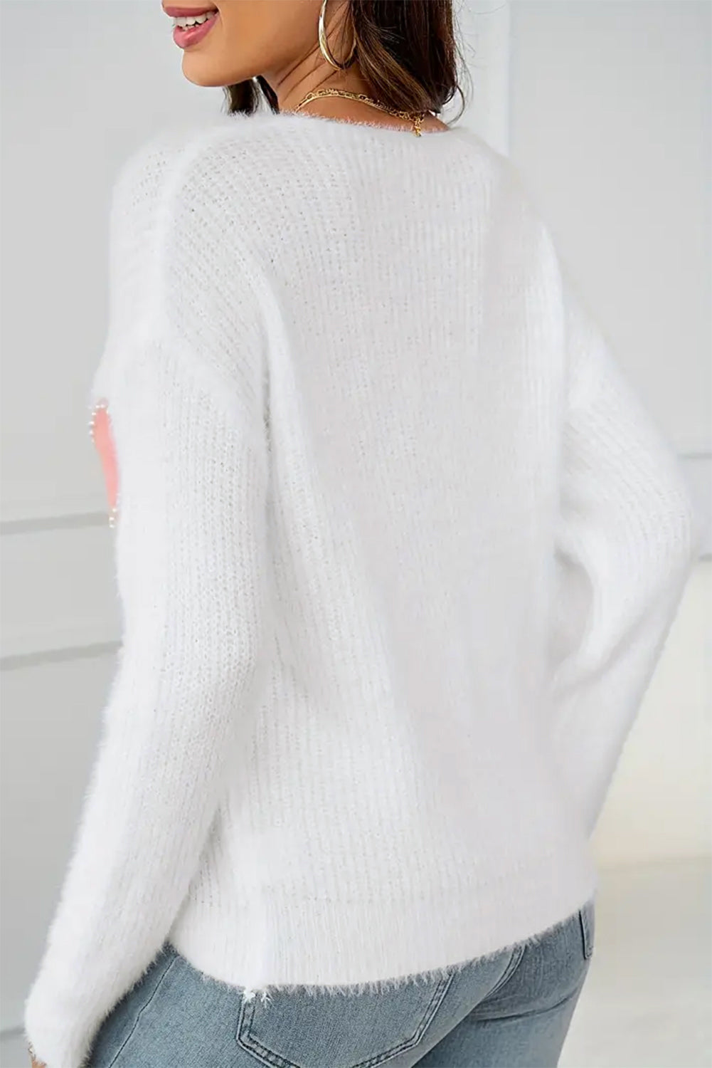 White Pearl Beaded Heart Pattern Fuzzy V Neck Sweater Sweaters JT's Designer Fashion