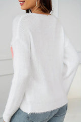 White Pearl Beaded Heart Pattern Fuzzy V Neck Sweater Sweaters JT's Designer Fashion
