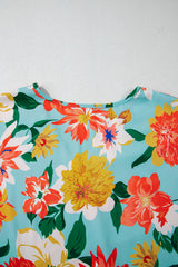 Sky Blue Plus Size Floral Print V Neck Batwing Sleeve Blouse Plus Size Blouses & Shirts JT's Designer Fashion