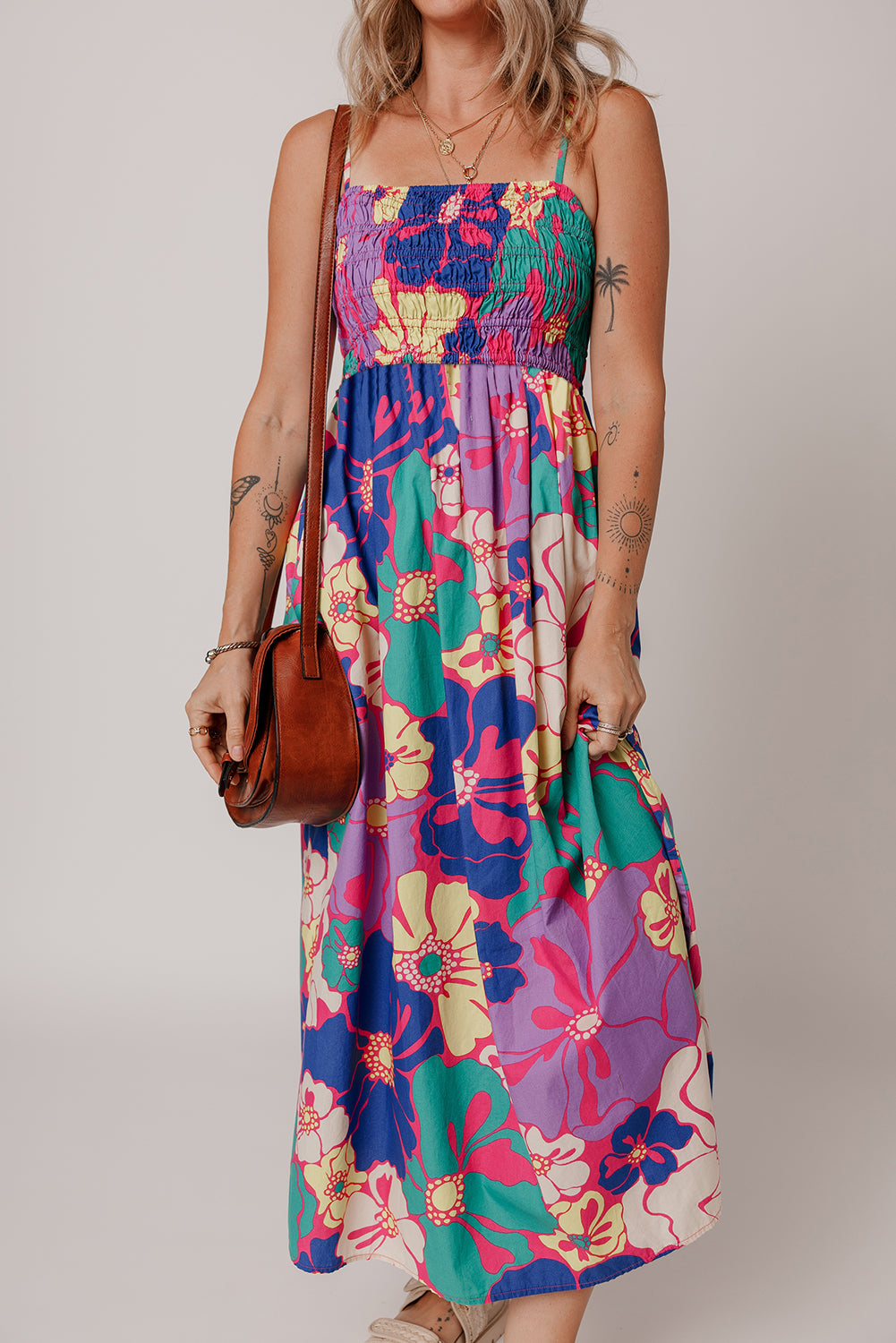 Purple Floral Print Shirred Spaghetti Strap Loose Long Dress Purple 100%Cotton Maxi Dresses JT's Designer Fashion