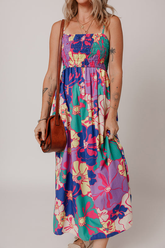 Purple Floral Print Shirred Spaghetti Strap Loose Long Dress Purple 100%Cotton Maxi Dresses JT's Designer Fashion