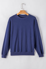 Navy Blue Plain Drop Shoulder Crewneck Pullover Sweatshirt Sweatshirts & Hoodies JT's Designer Fashion