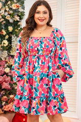 Plus Size Smocked Floral Square Neck Balloon Sleeve Dress Mini Dresses JT's Designer Fashion
