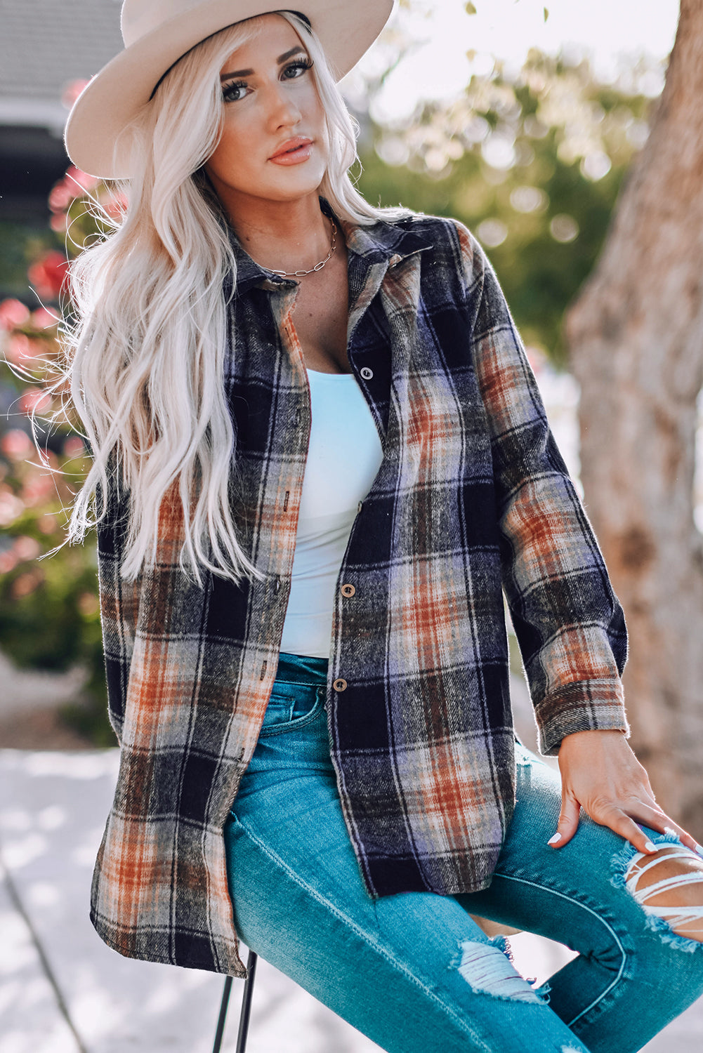 Black Oversize Rounded Hem Plaid Shacket with Slits Plaid Shackets JT's Designer Fashion