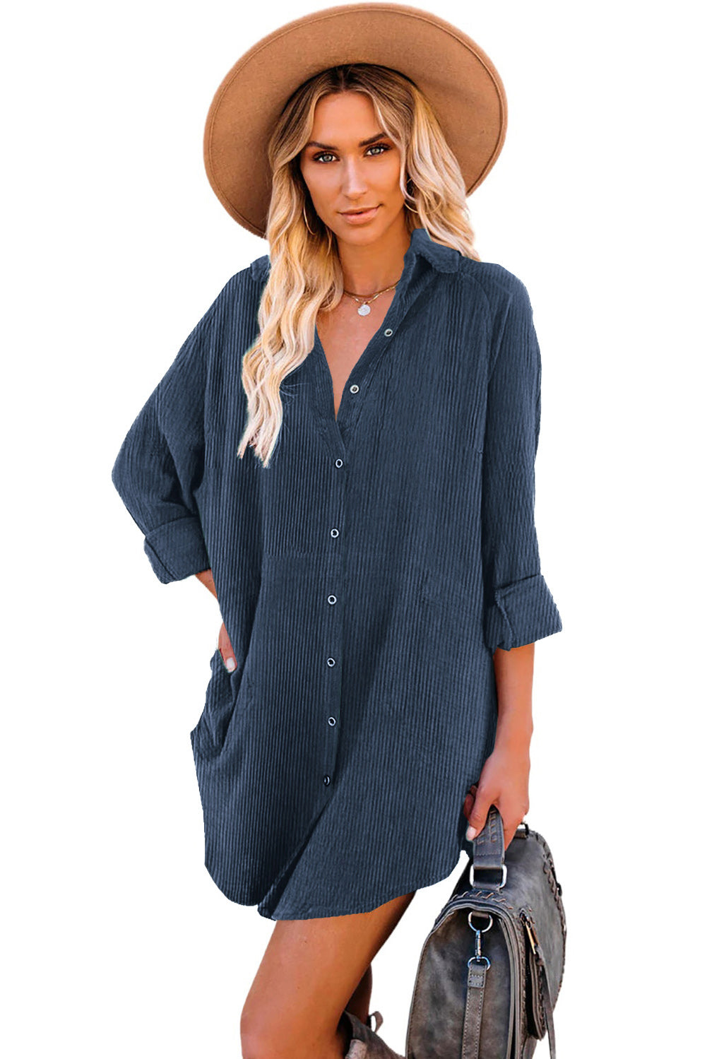 Blue Corduroy Shirt Style Full Button Long Sleeve Shift Mini Dress Mini Dresses JT's Designer Fashion