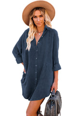 Blue Corduroy Shirt Style Full Button Long Sleeve Shift Mini Dress Mini Dresses JT's Designer Fashion