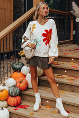 White Big Flower Pattern V Neck Drop Shoulder Sweater Sweaters JT's Designer Fashion