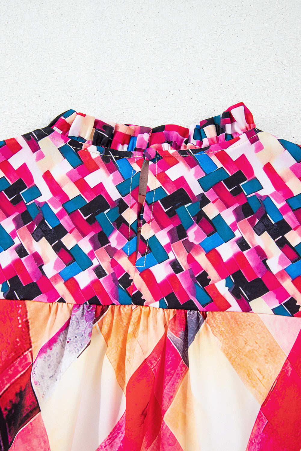 Rose Red Abstract Geometric Pattern Patchwork Puff Sleeve Blouse Blouses & Shirts JT's Designer Fashion