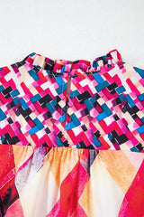 Rose Red Abstract Geometric Pattern Patchwork Puff Sleeve Blouse Blouses & Shirts JT's Designer Fashion
