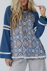 Blue Geometric Printed Lace Patchwork Ric Rac Raglan Long Sleeve Top Long Sleeve Tops JT's Designer Fashion