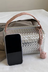Silvery Lattice Texture Corded Ball Decor Weaven Handle Cosmetic Bag Makeup Bags JT's Designer Fashion
