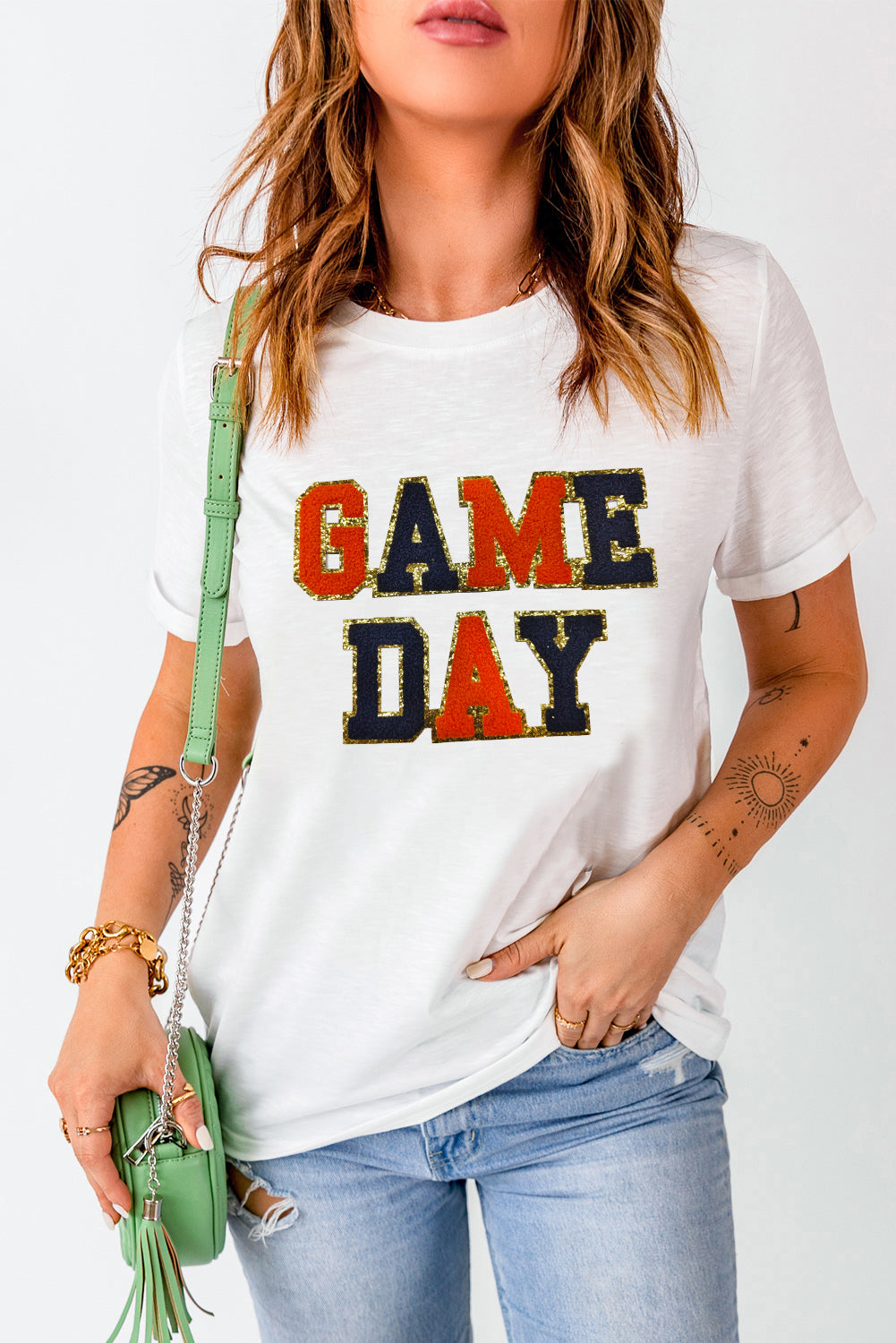 White Glitter GAME DAY Rugby Football Season Round Neck T Shirt Graphic Tees JT's Designer Fashion