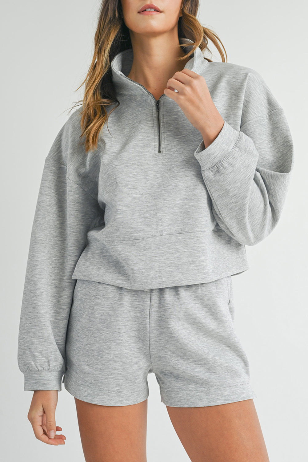 Light Grey Stand Neck Zipped Sweatshirt and Shorts Set Light Grey 50%Polyester+45%Viscose+5%Elastane Short Sets JT's Designer Fashion