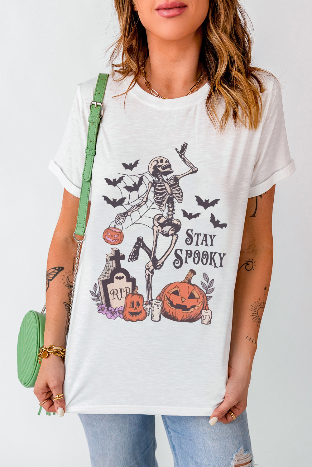 White Skull Pumpkin Face STAY SPOOKY Graphic Halloween T Shirt Graphic Tees JT's Designer Fashion