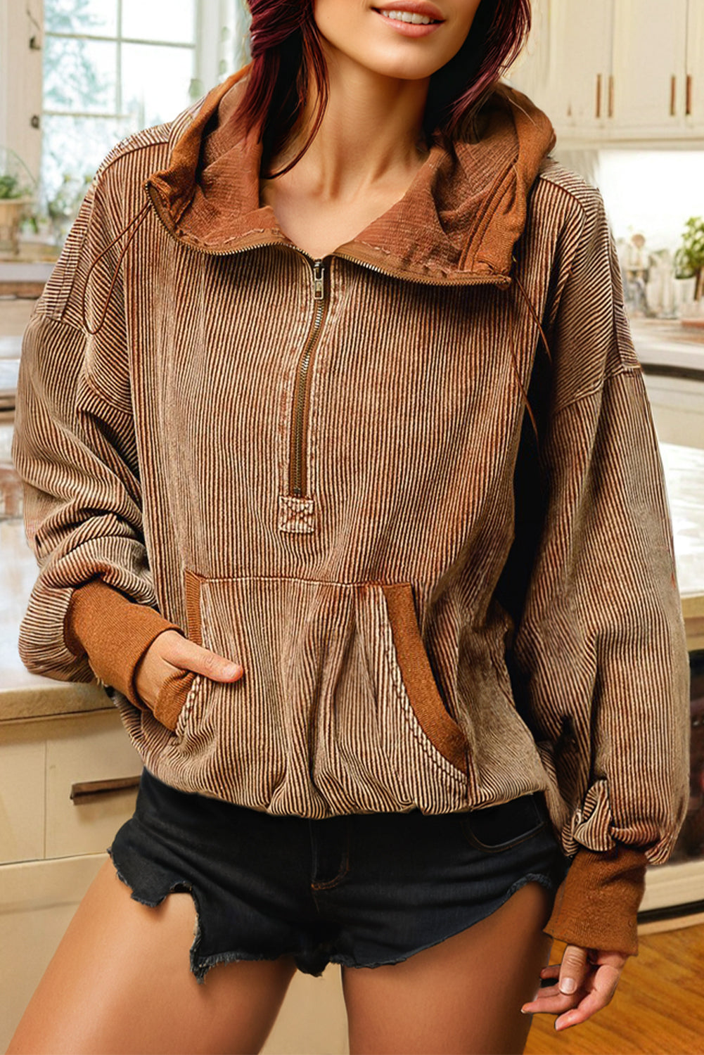 Chestnut Half Zipper Kangaroo Pocket Drawstring Corduroy Hoodie Sweatshirts & Hoodies JT's Designer Fashion