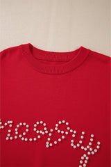Fiery Red Pearl Beaded Merry Casual Sweater Sweaters JT's Designer Fashion
