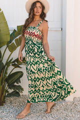 Green Western Aztec Shirred A-line Sleeveless Long Dress Maxi Dresses JT's Designer Fashion