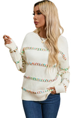 White Colorful Crossed Stitch Drop Shoulder Sweater Sweaters JT's Designer Fashion