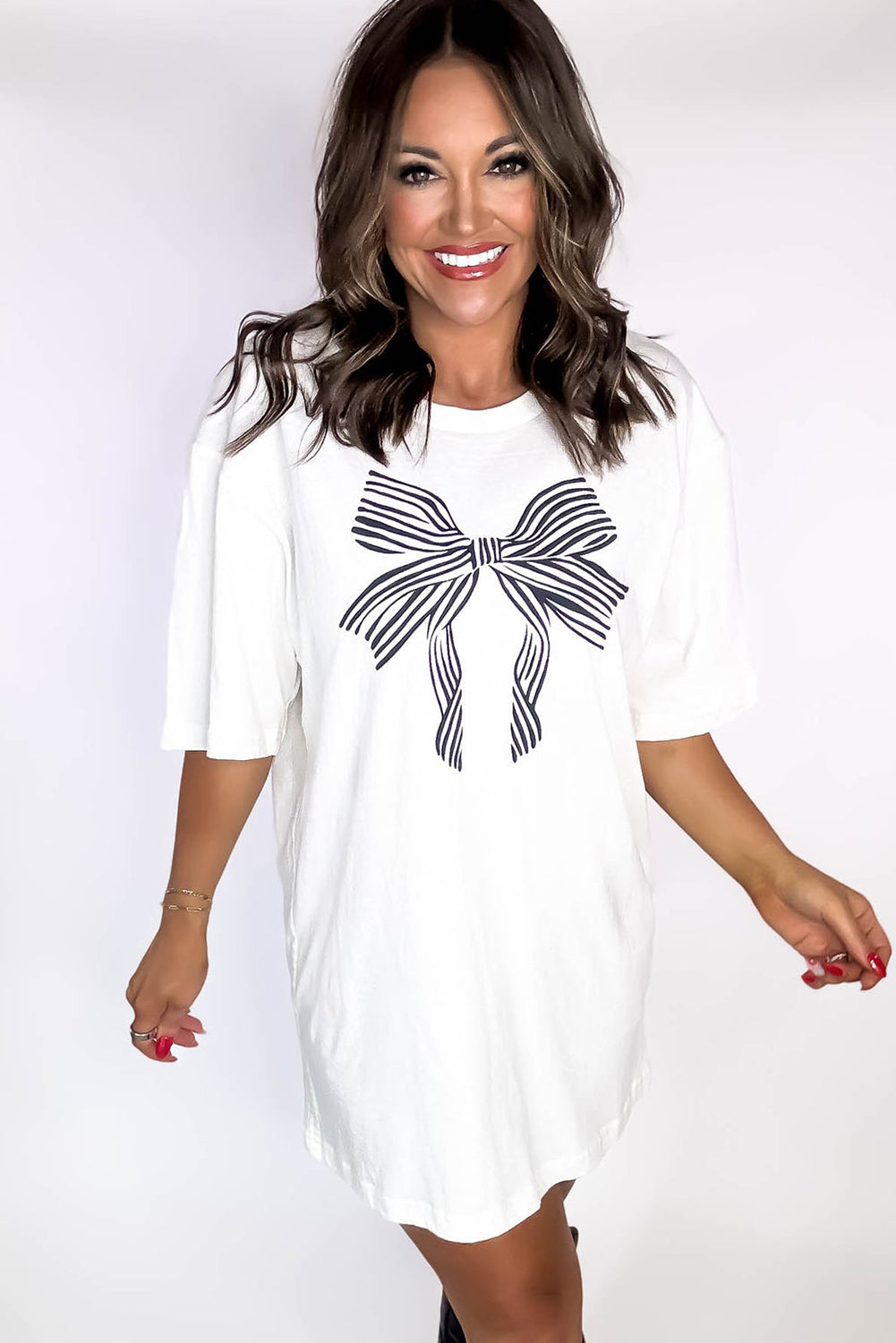 White Striped Bow Knot Half Sleeve Tunic T Shirt Graphic Tees JT's Designer Fashion