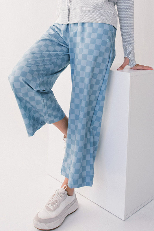 Sky Blue Checkered Elastic High Waist Loose Casual Pants Pants & Culotte JT's Designer Fashion