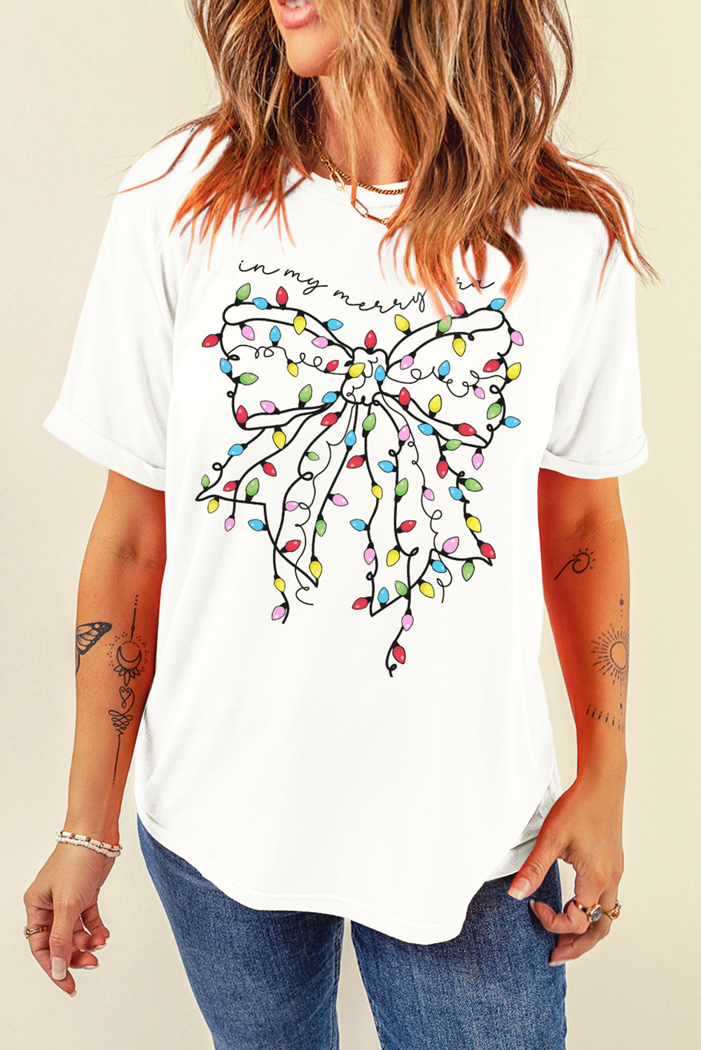 White Colored Light Bowknot Graphic Crewneck T Shirt Graphic Tees JT's Designer Fashion