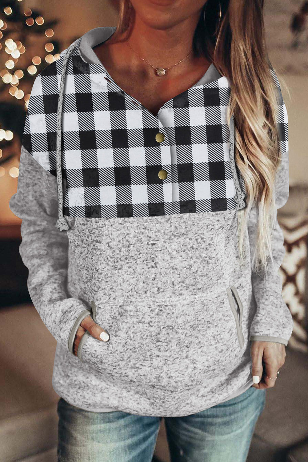 Black Plaid Splicing Pocketed Hoodie Sweatshirts & Hoodies JT's Designer Fashion