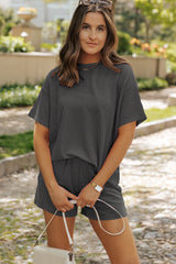Carbon Grey Ribbed Textured Knit Loose Fit Tee and Shorts Set Carbon Grey 75%Polyester+20%Viscose+5%Elastane Short Sets JT's Designer Fashion