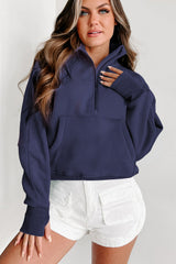 Navy Blue Fleece Lined Zip Up Stand Collar Thumbhole Sleeve Sweatshirt Sweatshirts & Hoodies JT's Designer Fashion