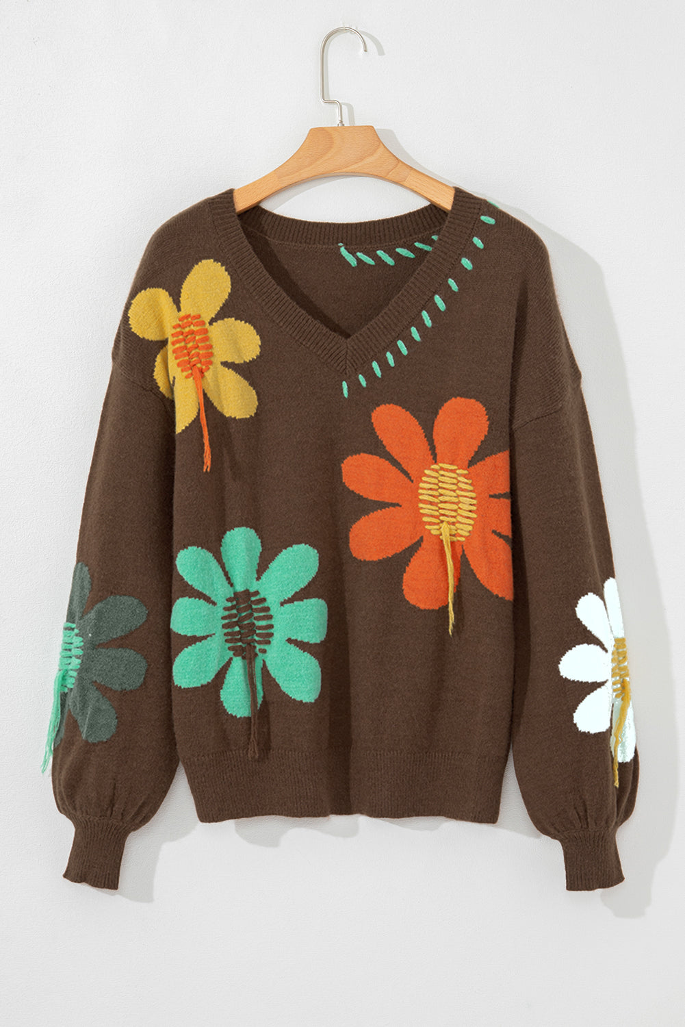 Coffee Big Flower Pattern V Neck Drop Shoulder Sweater Sweaters JT's Designer Fashion