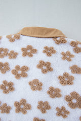 Light French Beige Cute Flower Pattern Button Up Fleece Jacket Jackets JT's Designer Fashion