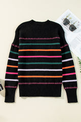 Black Colorful Striped Ribbed Trim Sweater Sweaters JT's Designer Fashion