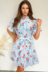 Sky Blue Stripe Floral Pattern Ruffle Short Sleeve Belted Mini Dress Dresses JT's Designer Fashion
