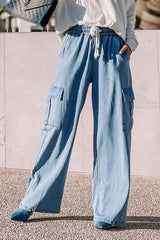 Sky Blue Drawstring High Waist Cargo Pocket Wide Leg Jeans Jeans JT's Designer Fashion