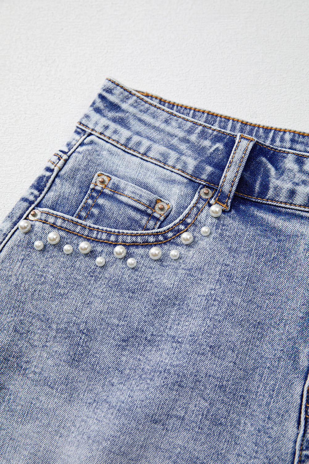 Beau Blue Pearl Studded Pockets Raw Hem Denim Shorts Denim Shorts JT's Designer Fashion