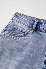 Beau Blue Pearl Studded Pockets Raw Hem Denim Shorts Denim Shorts JT's Designer Fashion