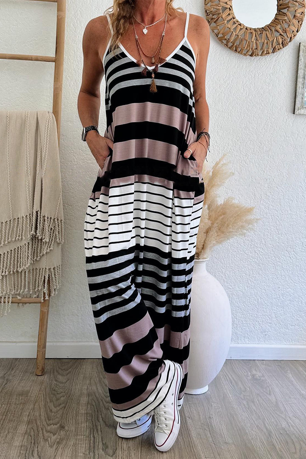 Multicolour Mixed Stripes Spaghetti Straps V Neck Maxi Dress Dresses JT's Designer Fashion